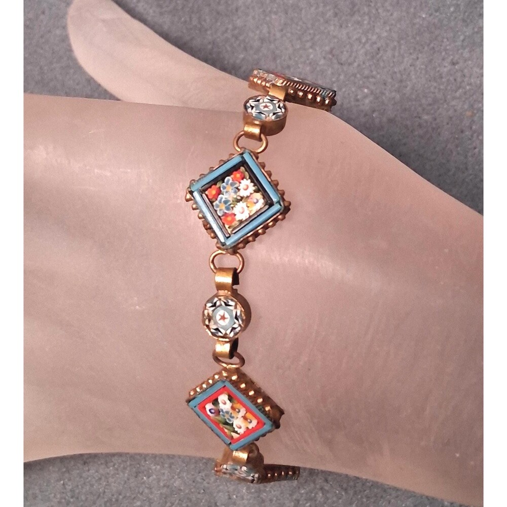 Vintage Italian Mosaic Bracelet Turquoise & Red Glass